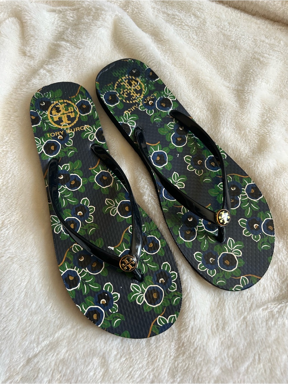 Tory Burch green floral flip flops women's 8-9 gold logo